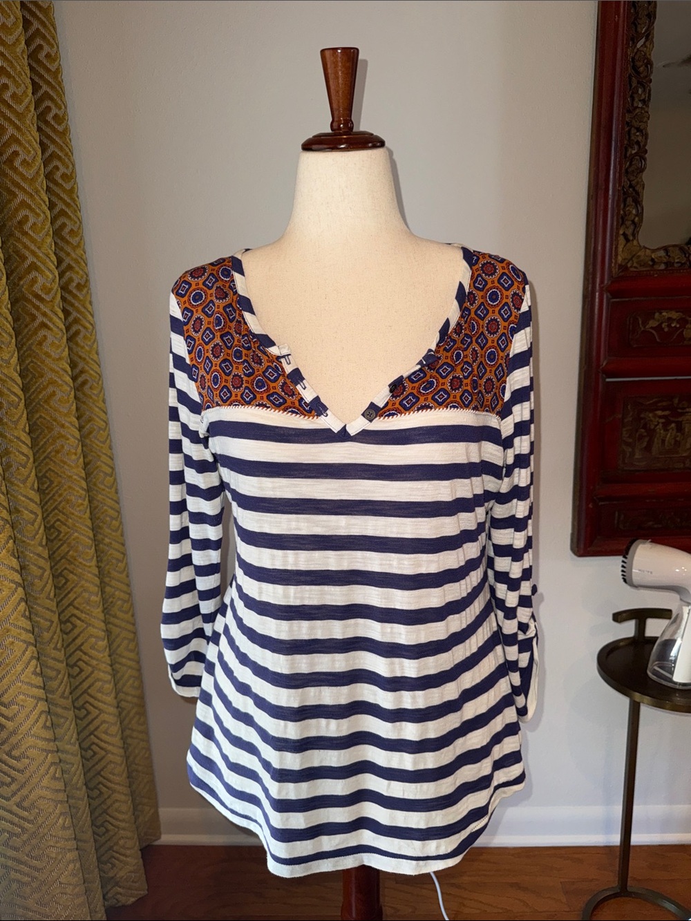 Striped Navy and White V-Neck Women’s Top with Patterned Yoke